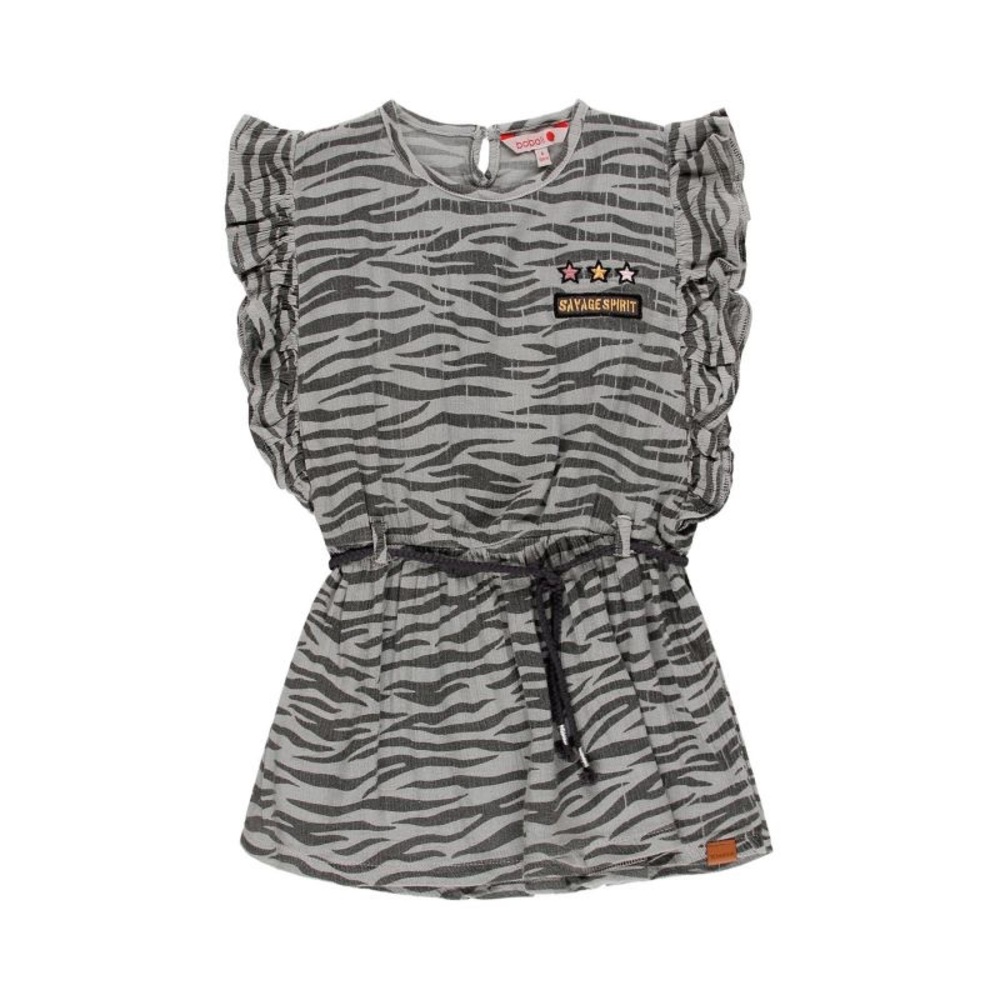 Girls Gray Casual Dress with Zebra Print and Ruffled Shoulders